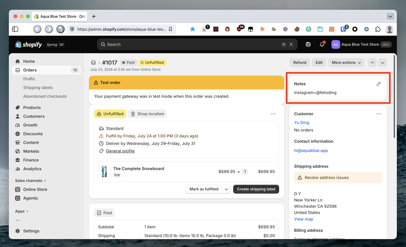 Shopify訂單詳細資料中的Notes欄位 Shopify訂單詳細資料中的Notes欄位